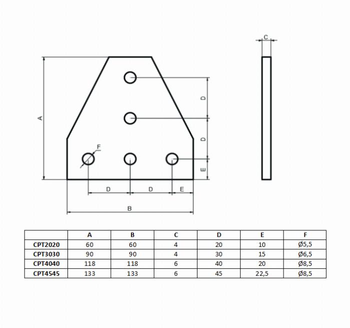 2020 T-shaped connection plate in anodized aluminum with 5 holes