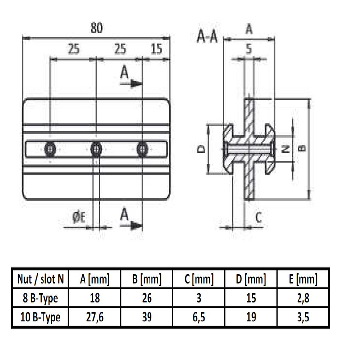 Gleiter B-Typ Nut 8 B mittig / Nut 8 B mittig