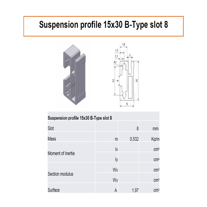 Suspension profile 15x30 B-Type Slot 8