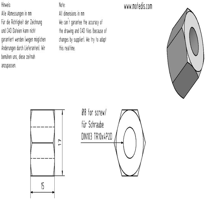 Trapezoidal leadscrew nut ESKM TR10x4P2 right - hexagonal steel