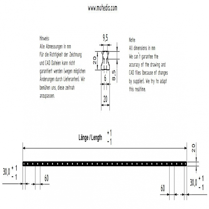 Linear guide rail AR/HR20-N, L = 1320mm