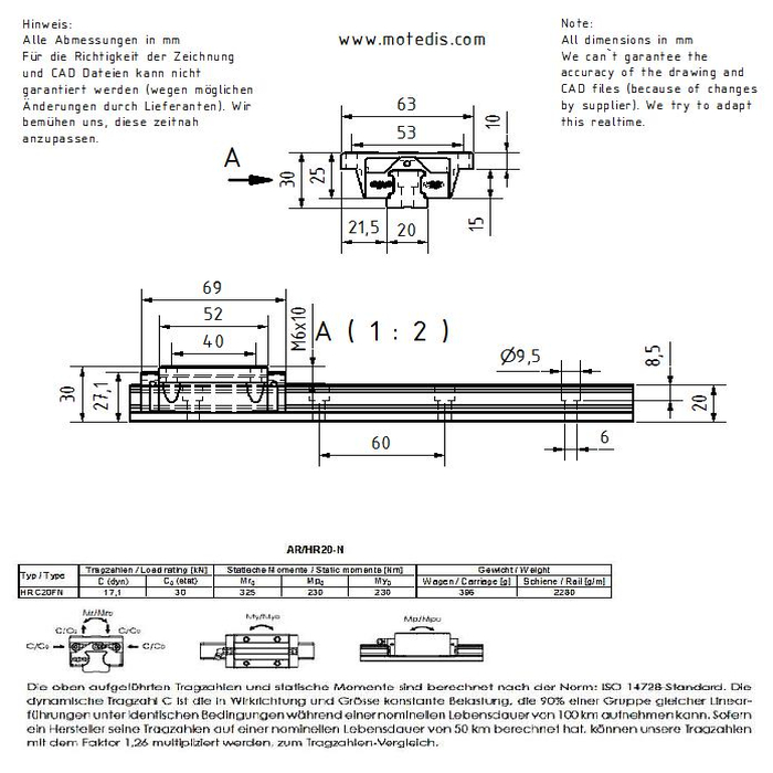 Linear guide rail AR/HR20-N, L = 1320mm
